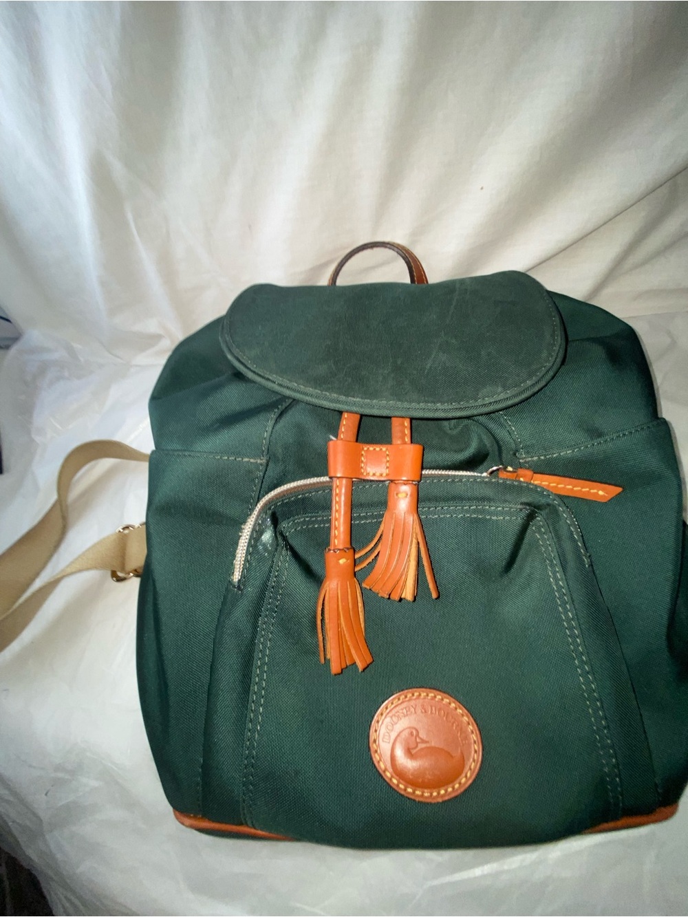 Dooney & Bourke Dark Green Canvas Backpack with Brown Leather Trim
